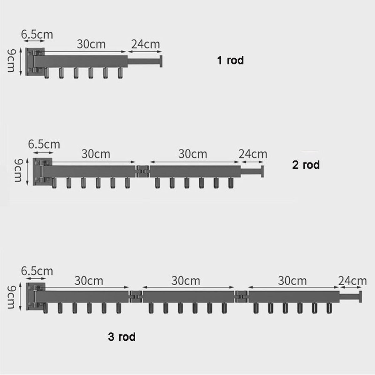One, two and three-section drying rack dimension diagrams