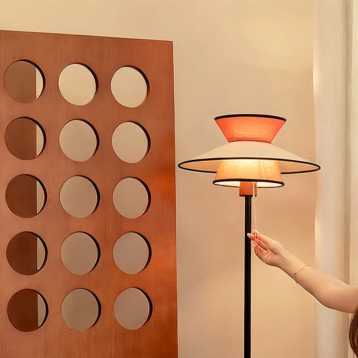Retro iron and wood floor lamp with a white fabric shade for living rooms and bedrooms.