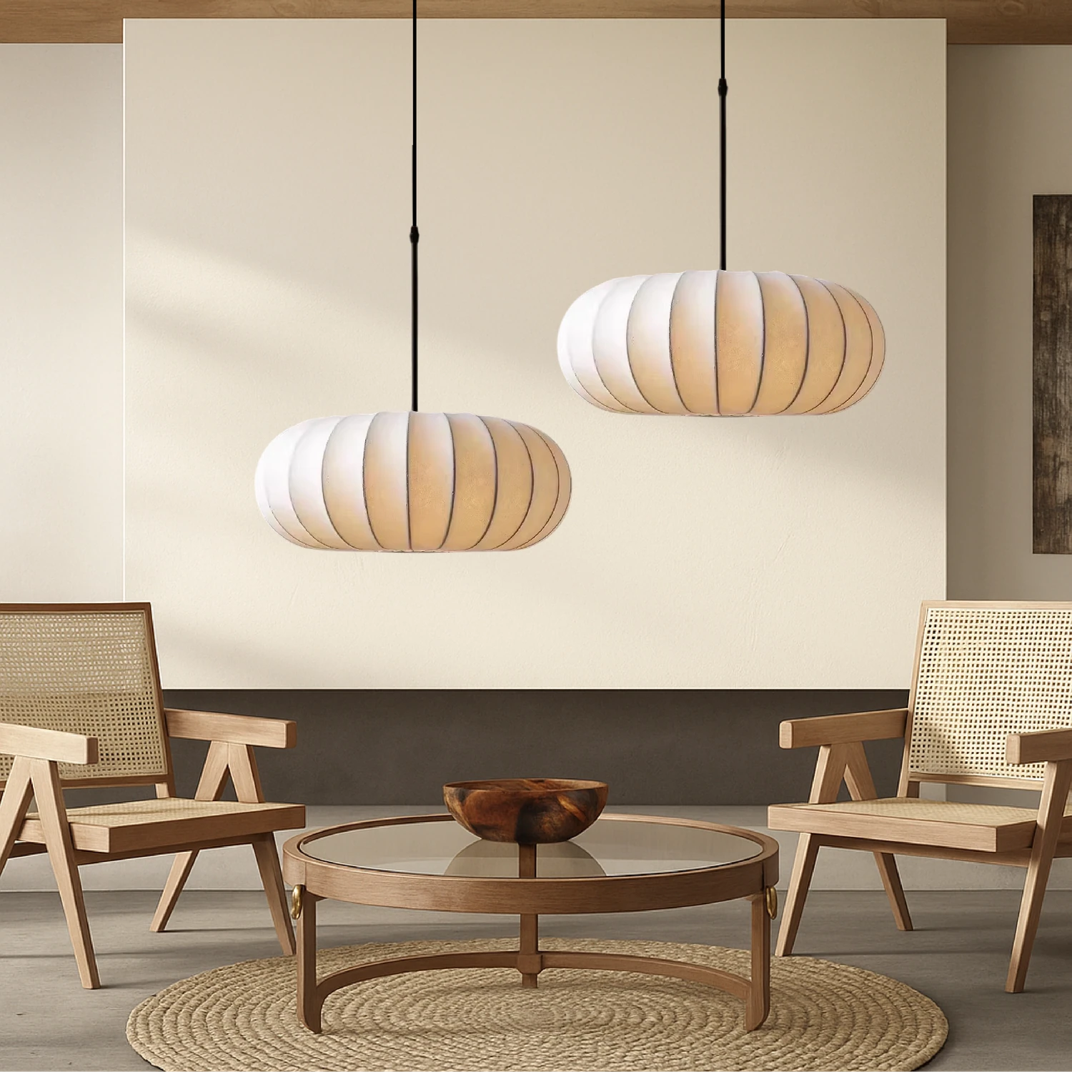 Elegant handcrafted silk pumpkin pendant light with a retro Wabi-Sabi design, perfect as a dimmable LED hanging lamp for modern home decor.