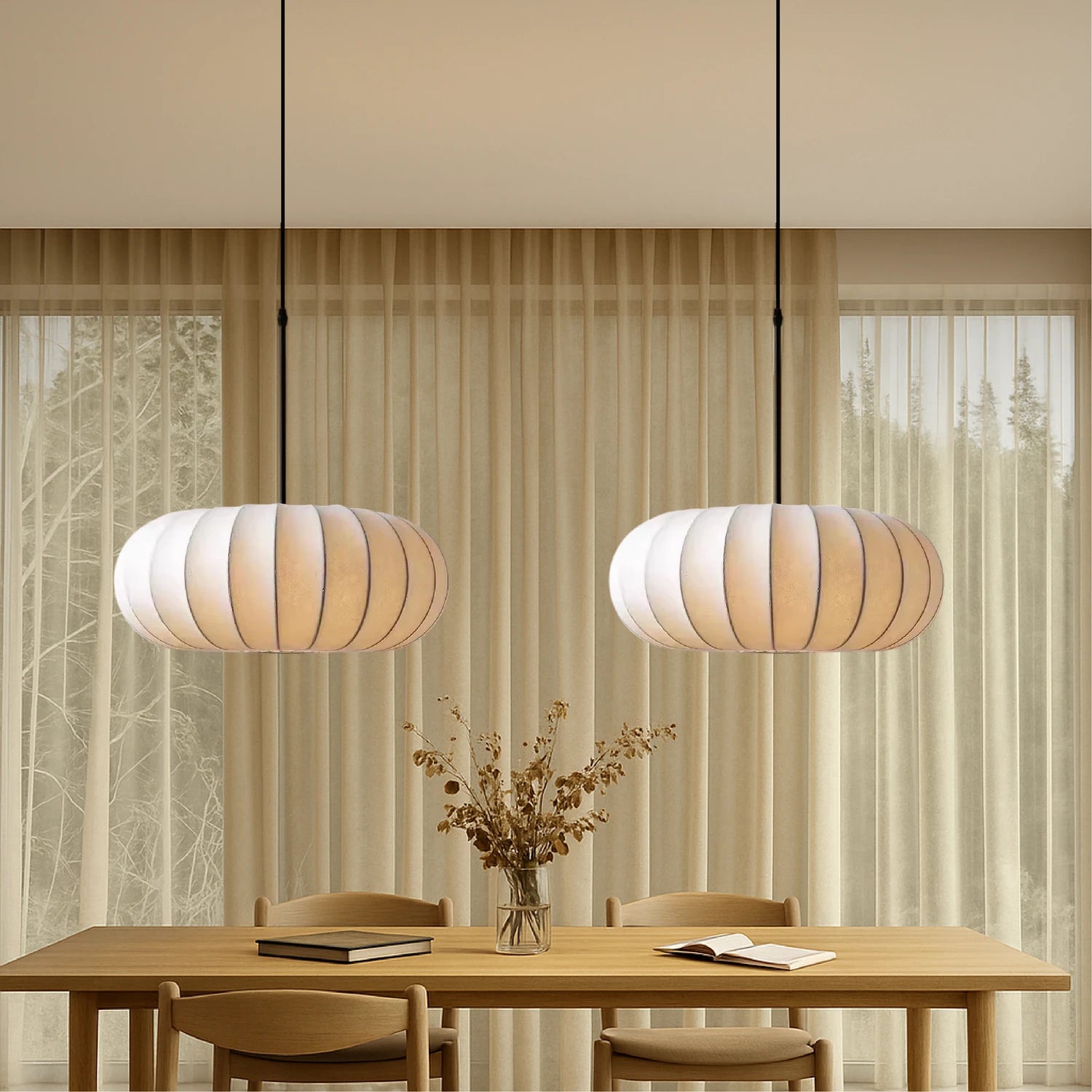 Modern silk pumpkin pendant light with a retro Wabi-Sabi design, featuring a dimmable LED hanging fixture for elegant home decor.