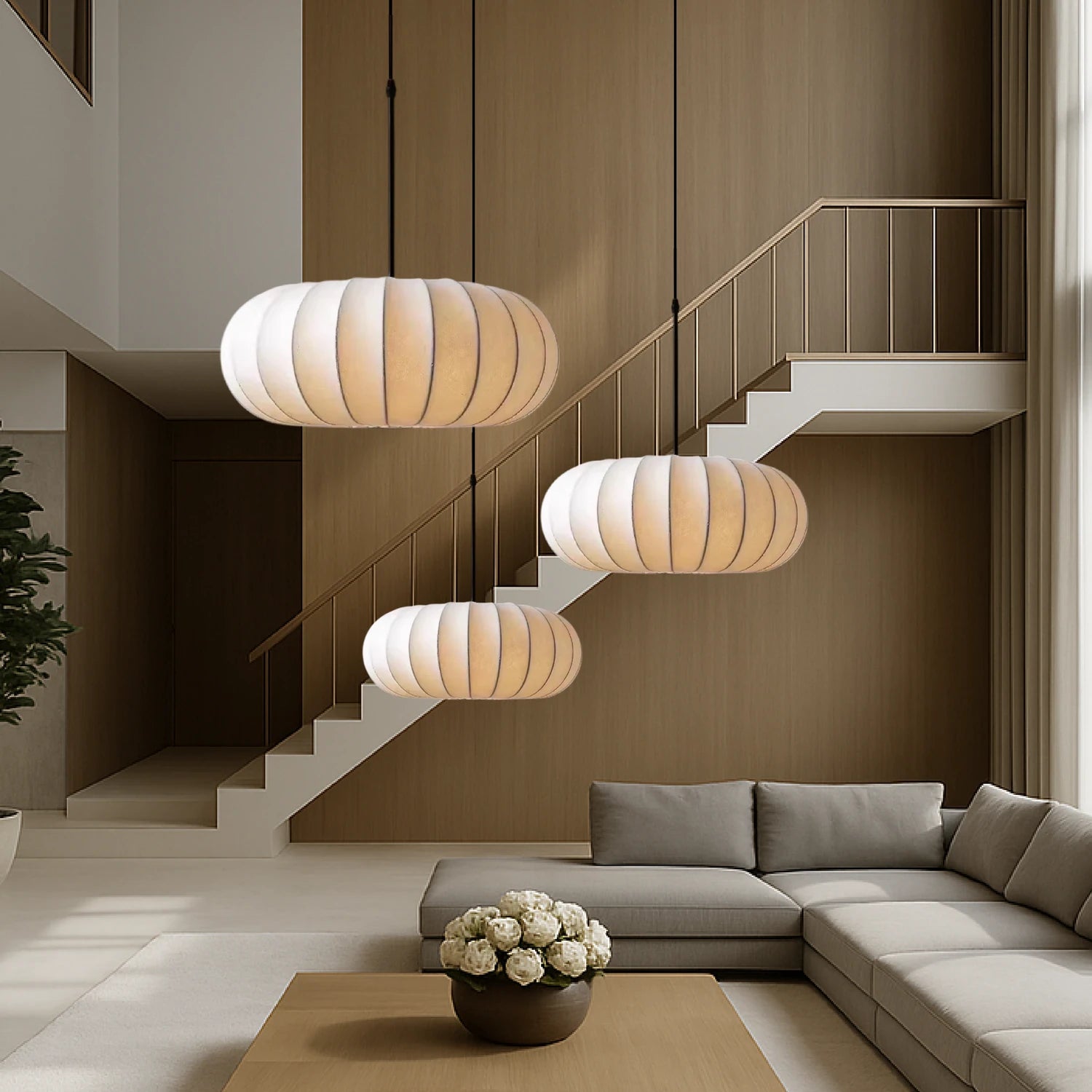 Modern Wabi-Sabi silk pumpkin pendant light with a retro hanging design, perfect for elegant home decor and dimmable LED lighting.