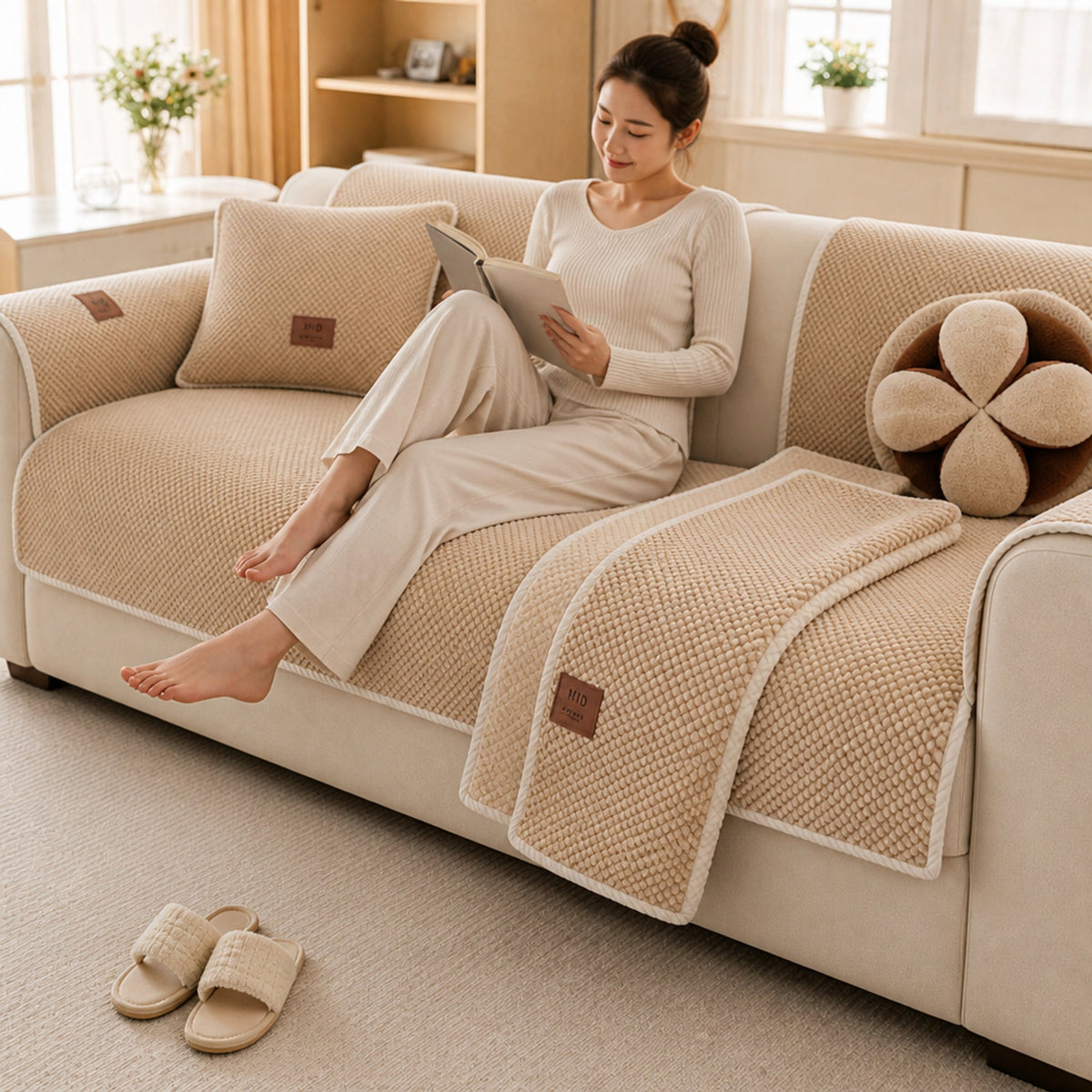 Textured sofa cover with folded colour options