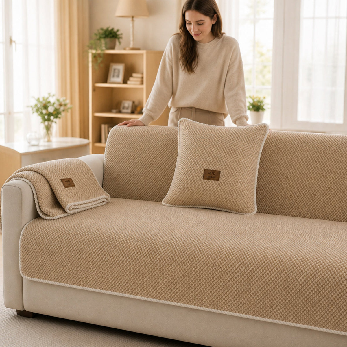 Person arranging a textured cover on a sofa