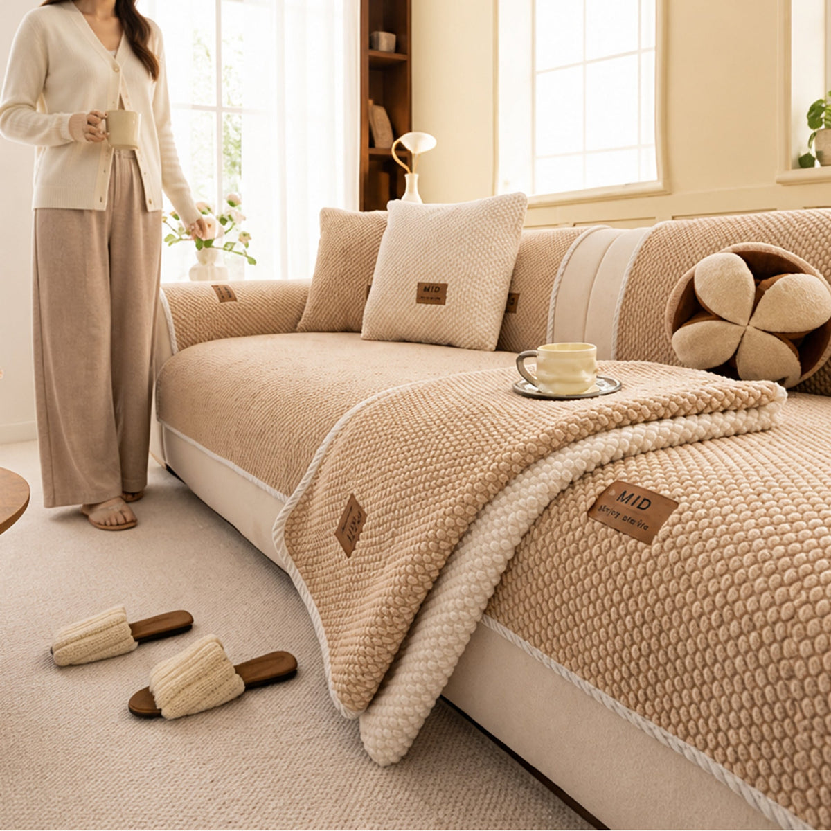 Khaki chenille sofa cover folded