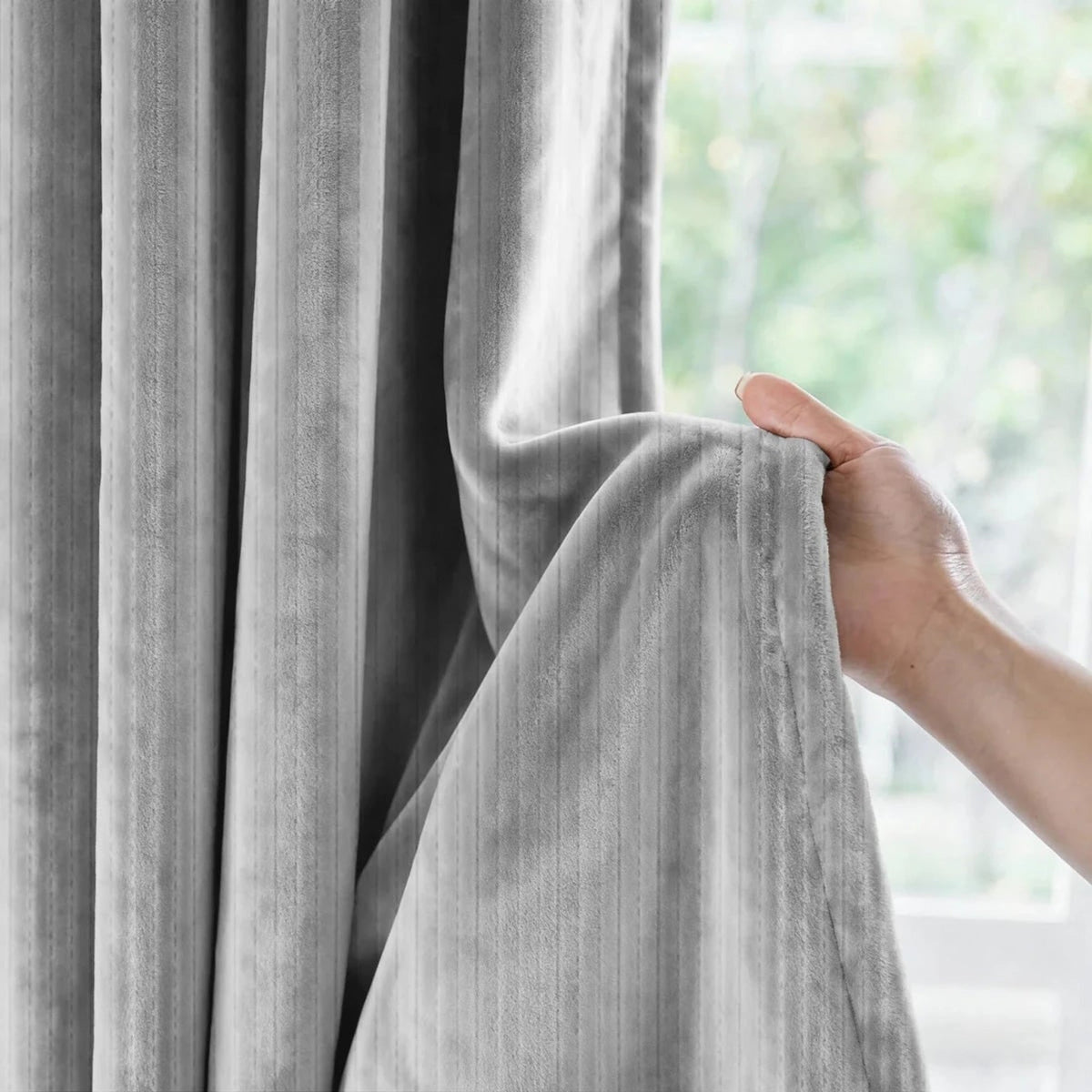 Grey thermal curtain fabric close-up