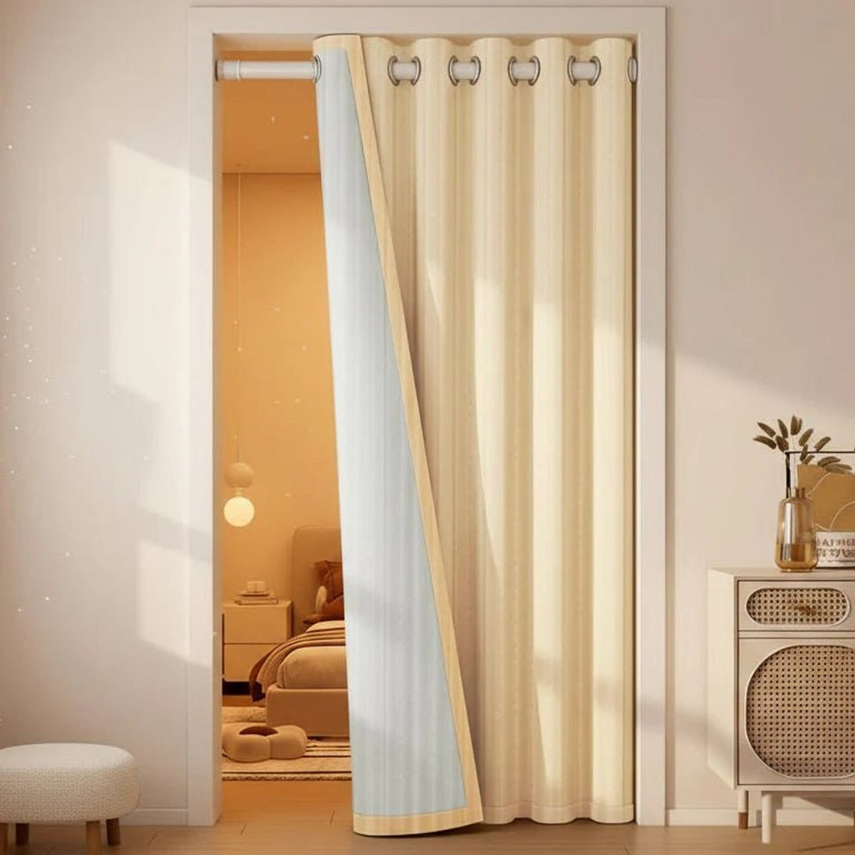 Light brown eyelet curtain drawn to the side