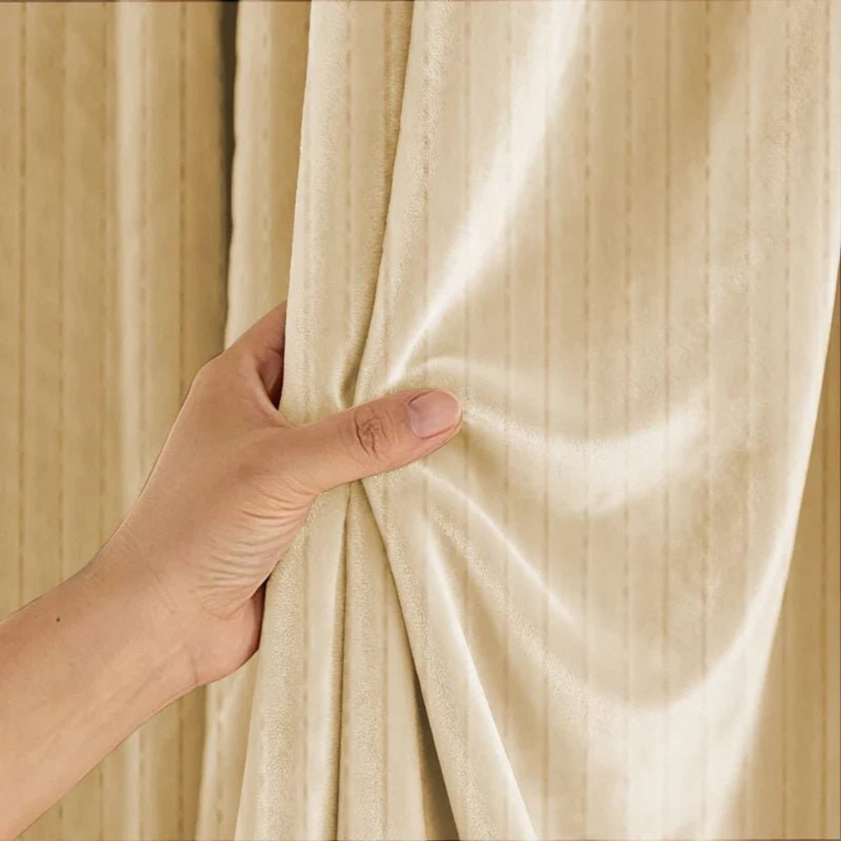 Light brown thermal curtain fabric close-up