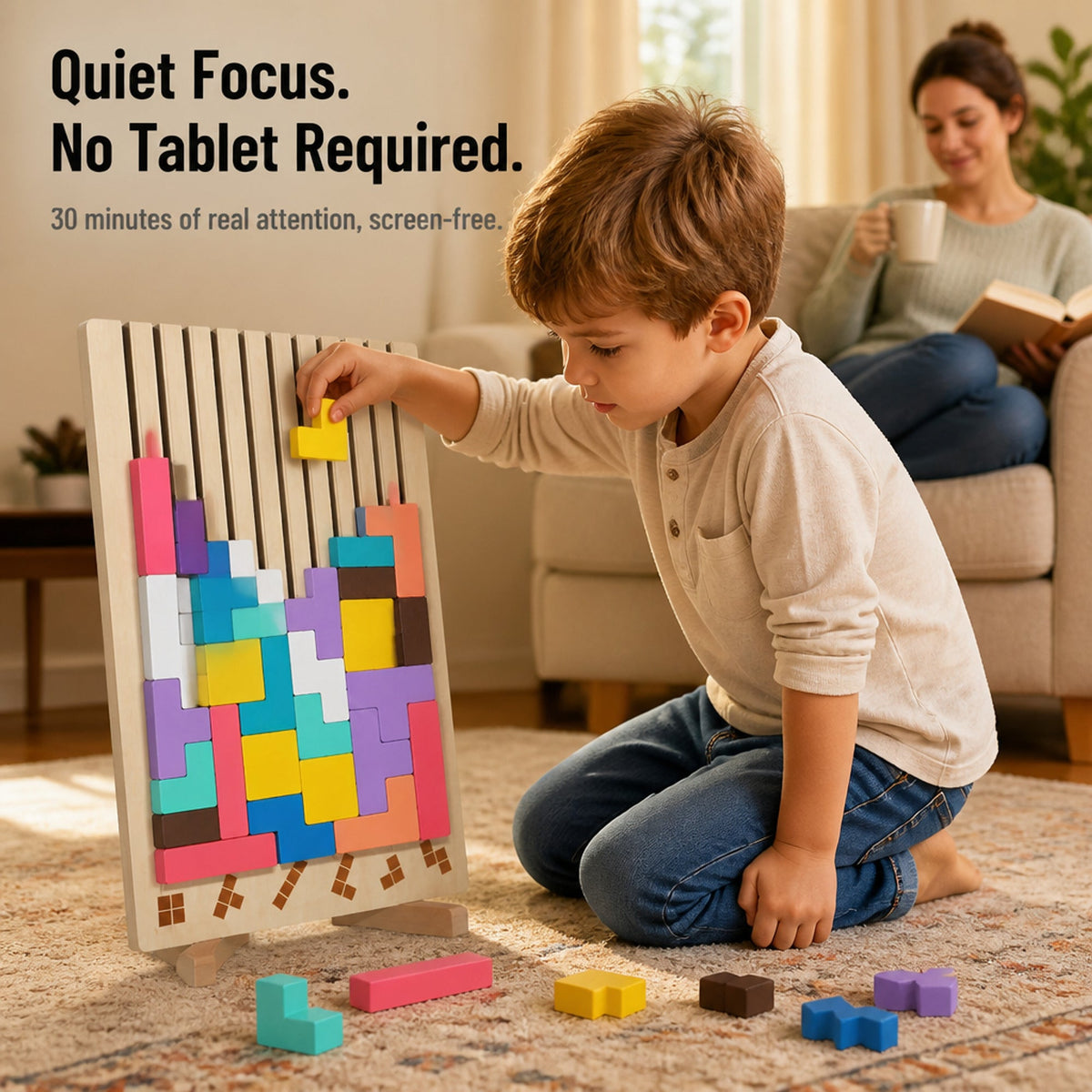 Child using upright wooden geometric block puzzle