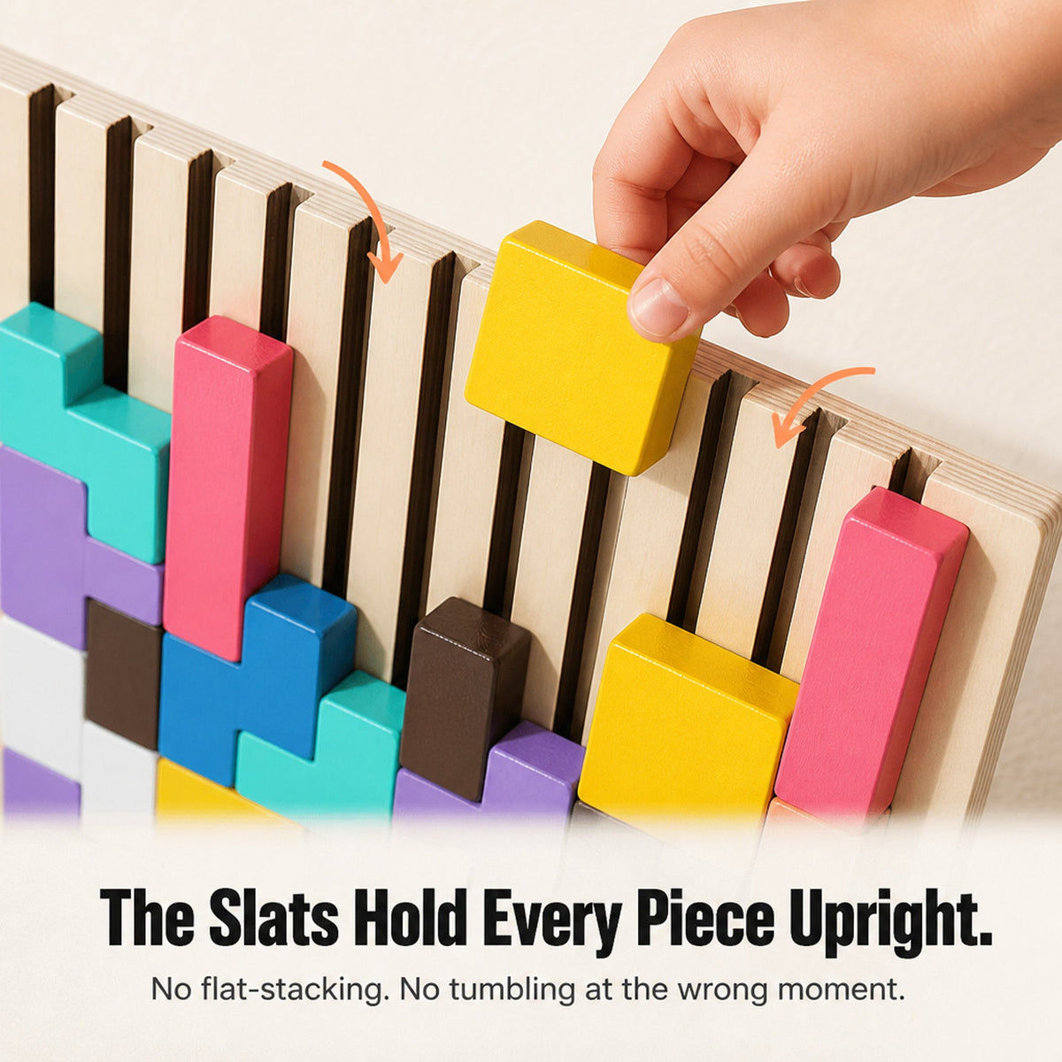 Yellow block fitting into slatted wooden puzzle board