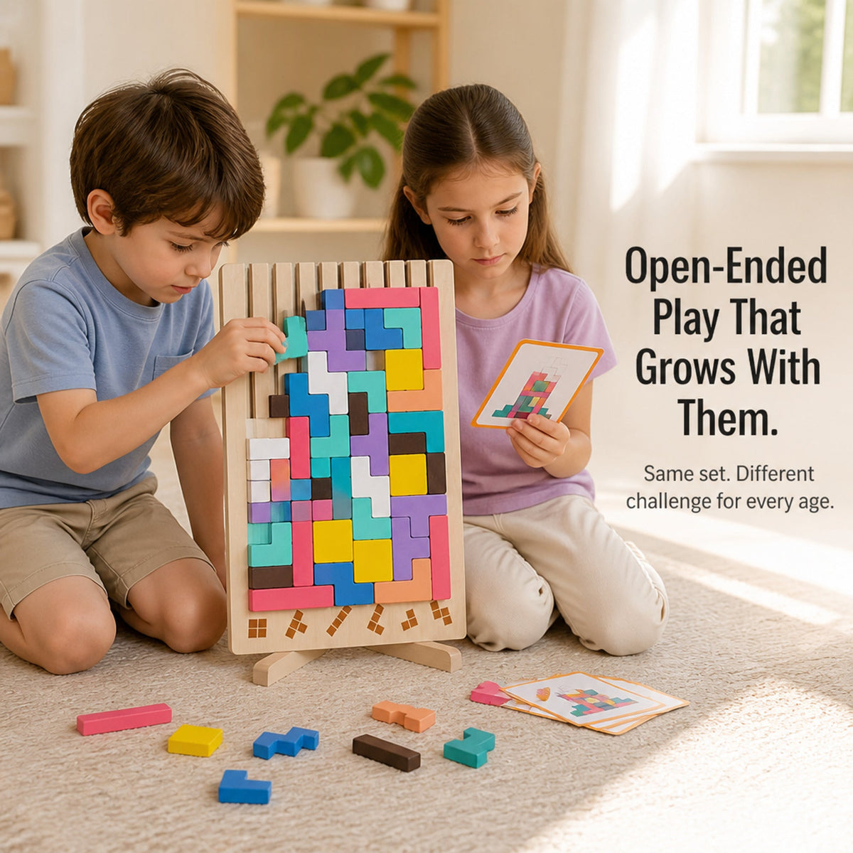 Two children using the upright wooden puzzle