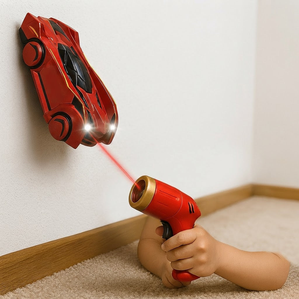 Red wall-climbing toy car following a handheld light