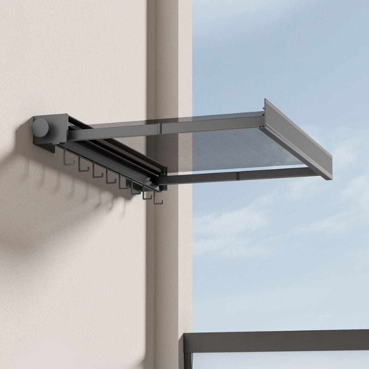 Black pull-out mesh shelf and integrated hook rail