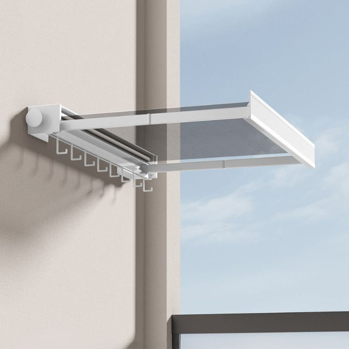 White wall-mounted mesh drying shelf extended