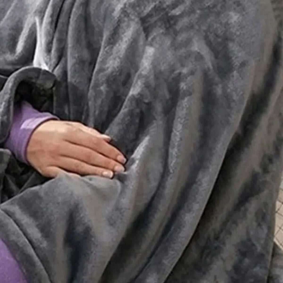 Close-up of grey plush fleece wrap