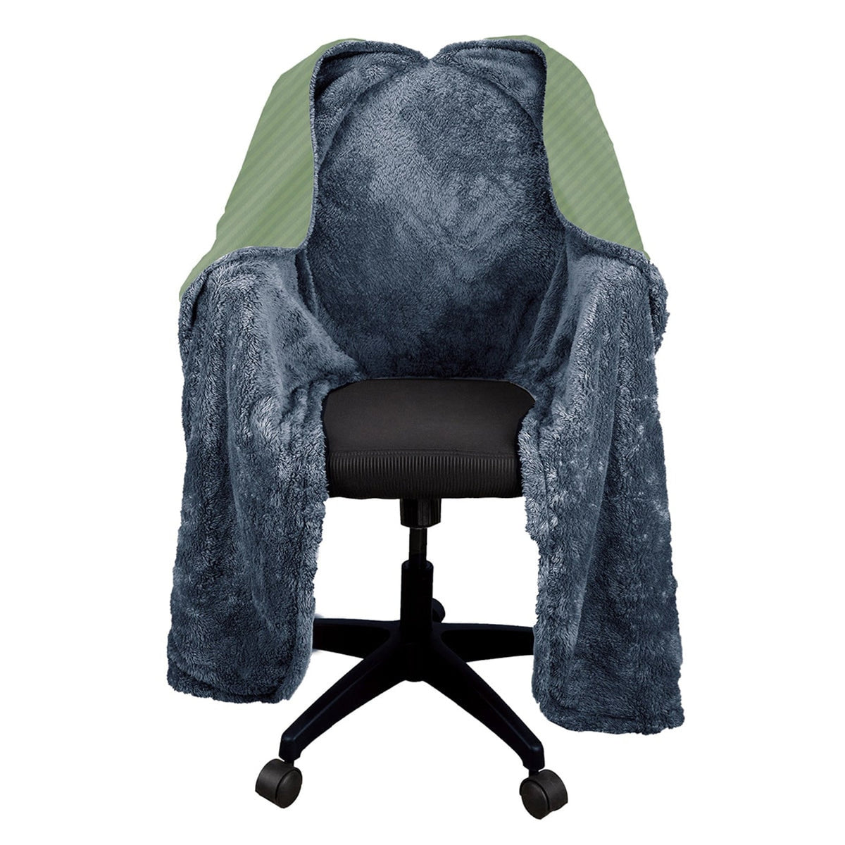 Blue-grey plush weighted blanket fitted over an office chair; chair not included