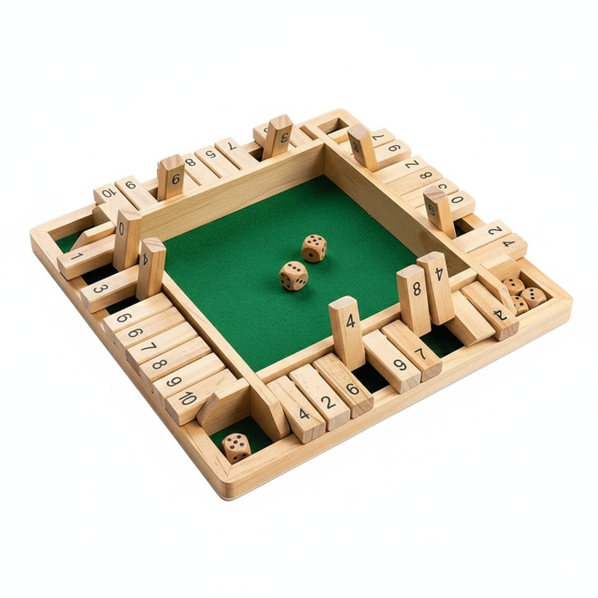 Wooden shut the box board with dice and number tiles