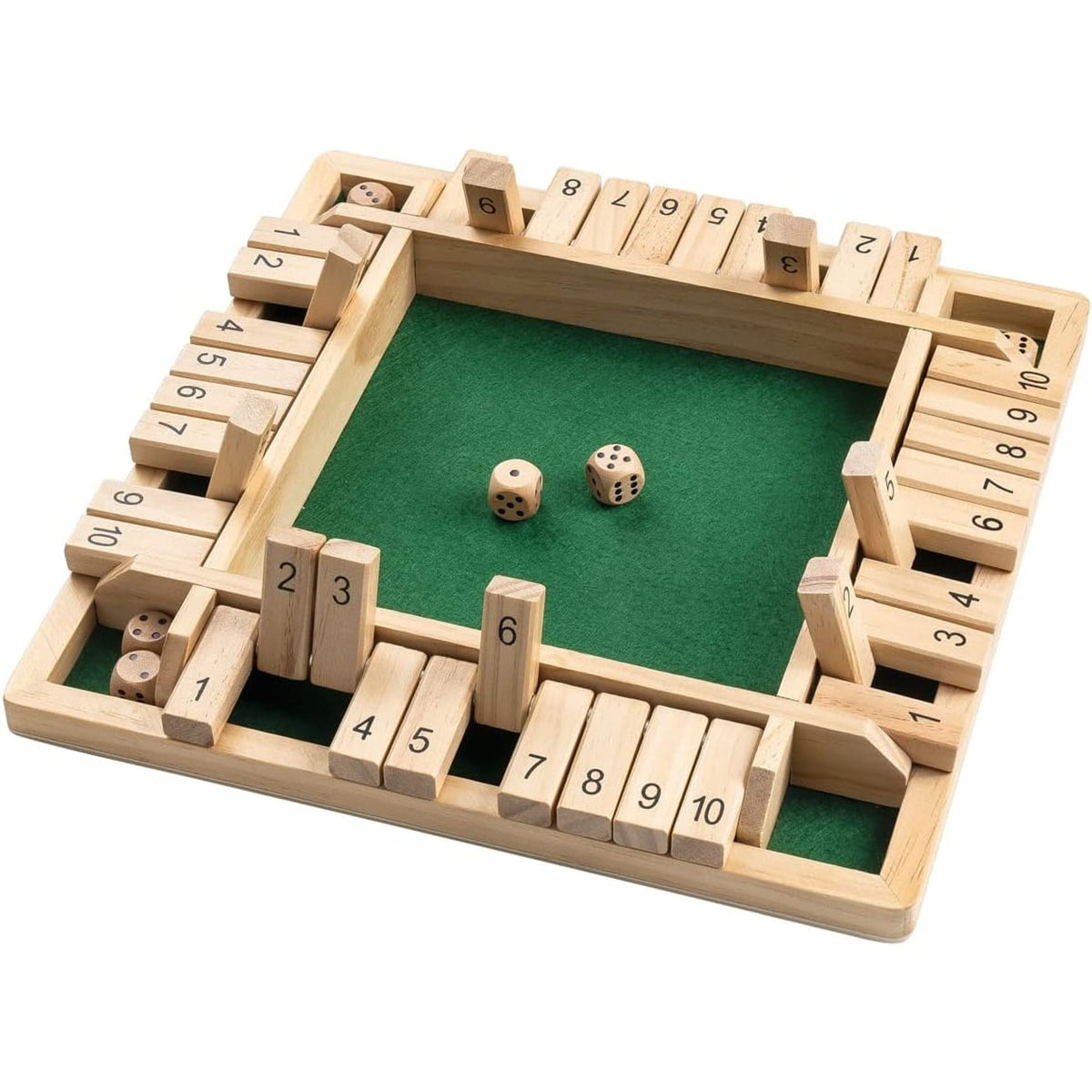 Angled view of green-lined wooden dice game
